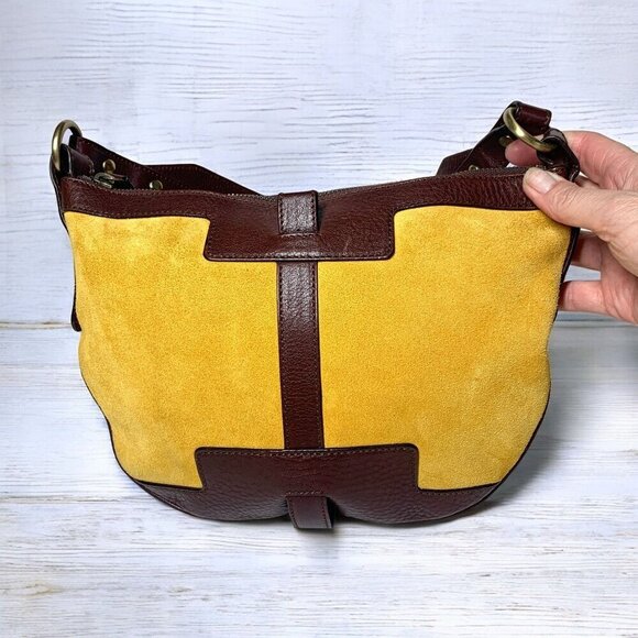 Burberry Suede & Leather Hobo Shoulder Bag Mustard Yellow Dark Brown 10"x8"x2" - Picture 12 of 13